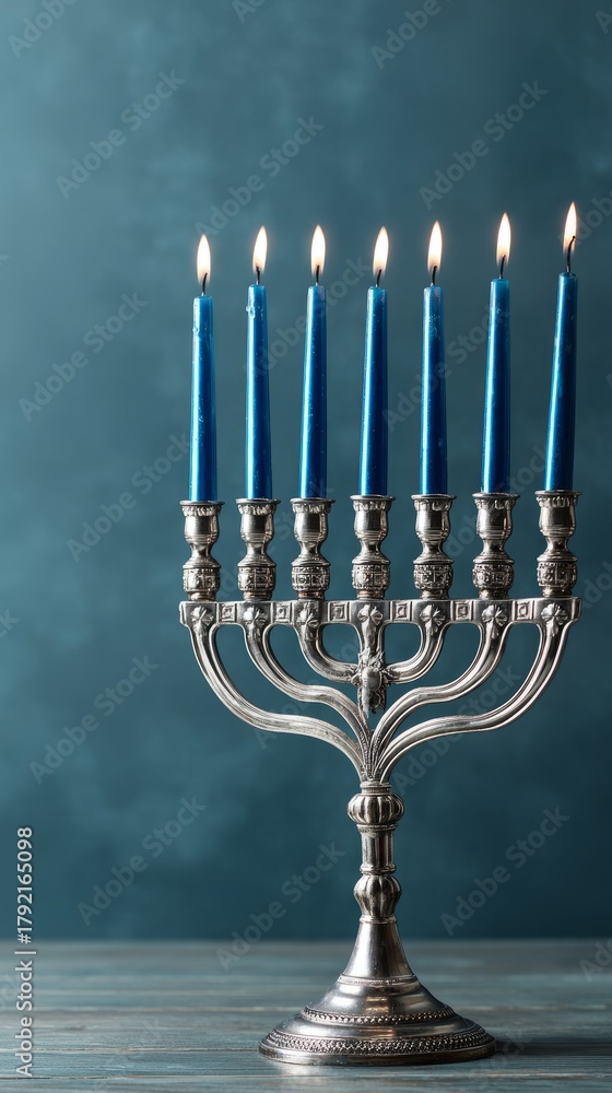 Fototapeta premium Silver menorah with blue candles on teal background