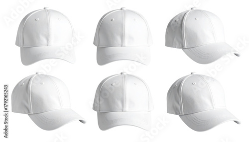 Six crisp, white baseball caps are presented, in various front-facing and angled perspectives against a transparent background