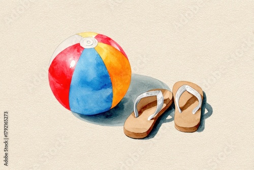watercolor illustration of beach ball and flip-flops, cream background, cute summer vibe 