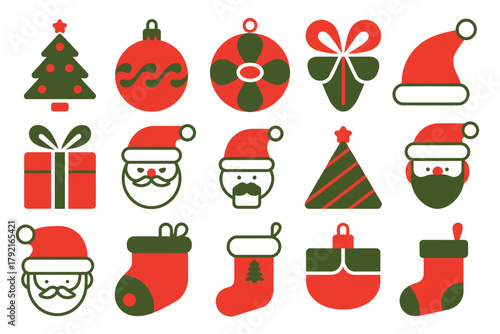 A collection of flat icons representing Christmas symbols and decorations