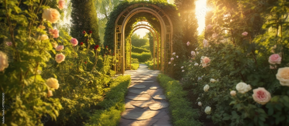 Fototapeta premium a lush, verdant garden tunnel with an arched stone entrance, lush greenery and flowers lining the path, warm golden sunlight streaming through, creating a serene and enchanting atmosphere, a magical, 