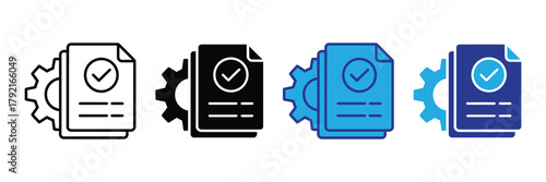 Document process management and approved settings icon set with gear and checkmark symbol isolated on white background