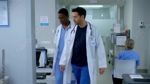 Wallpaper Mural Diverse medical team walking through hospital corridor, discussing patient care and treatment plans. Torontodigital.ca