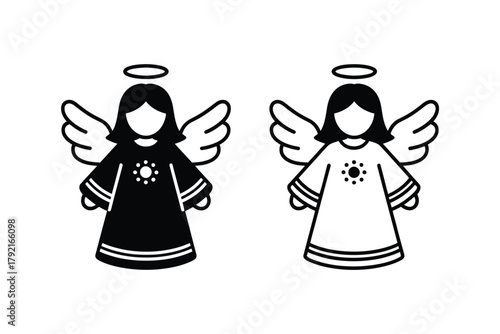 Two stylized angels, one black and one white, stand side-by-side with halos and wings.
