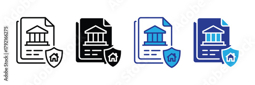 Property insurance policy document bank building home shield protection vector icons isolated on white background