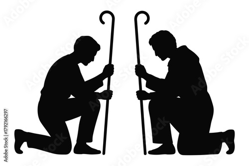Two shepherds kneel with staffs, silhouetted against a white background.