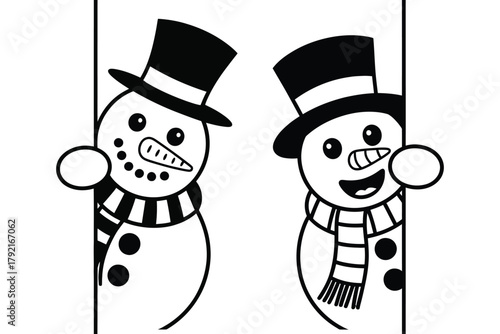 Two cartoon snowmen wearing hats and scarves peek from behind a white background
