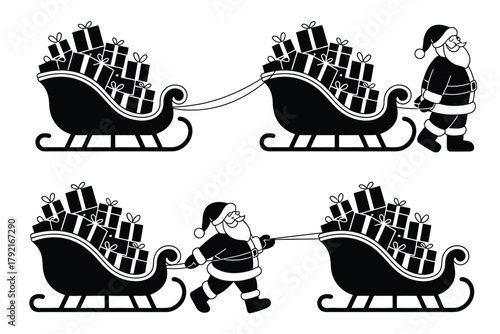 Santa Claus pulls multiple sleds overflowing with Christmas gifts through a snowy landscape.