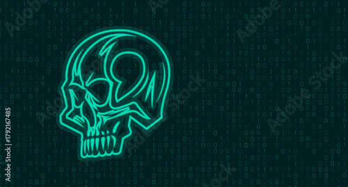 Glowing Cyber Skull  Digital Binary Code Background, 0, 1 Concept