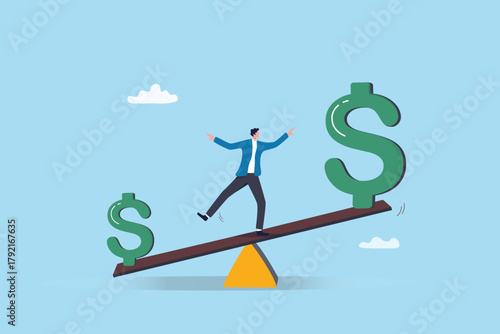 Upsell for more sale profit, investment leverage amplify money return, inflation or interest rate, debt and loan to payback, upward earning, businessman balancing with higher dollar sign money income.