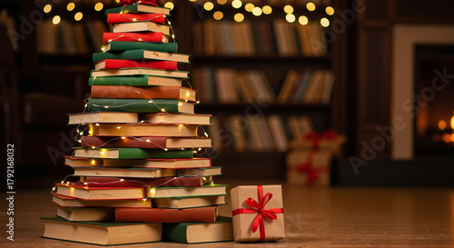Christmas tree made from stacked books in a library or bookstore  