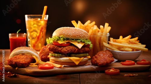 high quality photograph, cheeseburger, french fries, soda, fast food, delicious, appetizing, vibrant colors, dramatic lighting, indulgent, tempting, mouthwatering
