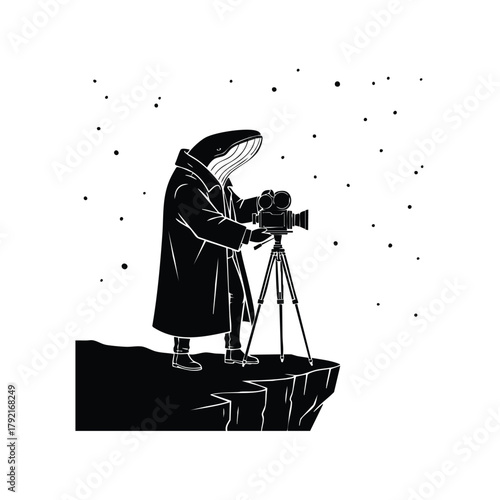 Whale photographer silhouette on White background filming wildlife documentary with camera on tripod cliff edge