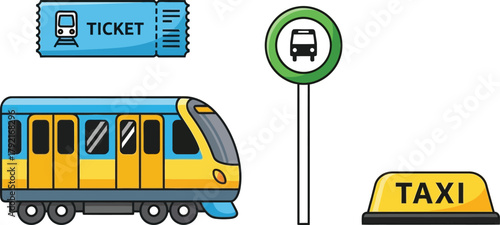 A cartoon illustration of public transportation elements including a train ticket, train, bus stop sign, and taxi sign.
