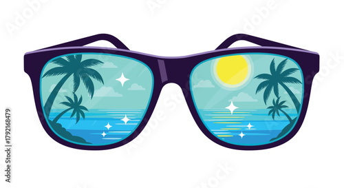 Sunglasses reflect a tropical beach scene with palm trees and a bright sun.