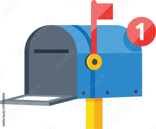 A blue mailbox with an open door and a red flag indicating mail has arrived.