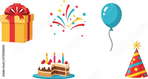A festive collection of birthday party elements including a gift, cake, balloon, and hat.