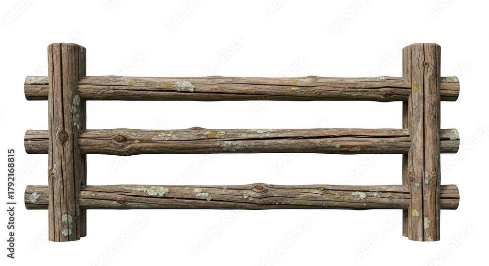 Obraz premium Rustic wooden log fence section with lichen and bark texture isolated on a transparent background wooden fence