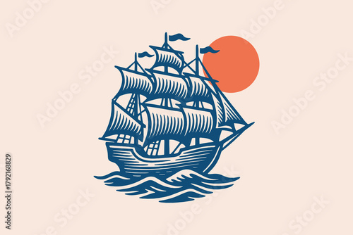 Sailing ship with sun — vintage engraving line vector