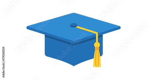 A bright blue graduation cap with a golden tassel sits on a white background.