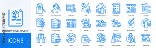 product development icon collection set. Containing Certification, Profit, High Performance, Production, dashboard, document icon