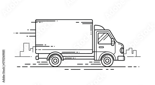 A simple line drawing of a delivery truck moving quickly through a city.