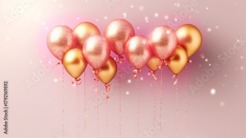 pink and gold balloons, sparkling lights, elegant party decor, festive celebration, shiny metallic orbs, floating helium balloons, glamorous backdrop, abstract balloon arrangement, celebratory mood, h