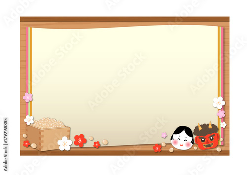 Japanese new year decorations border with daruma and oni mask