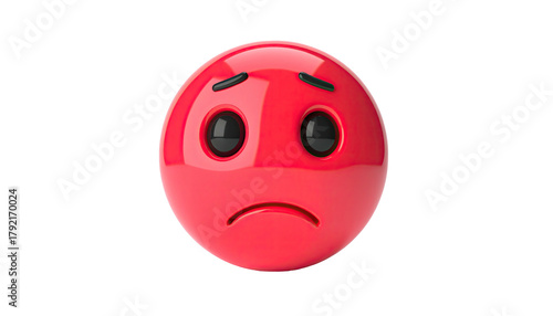 Glossy, red 3D emoji with sad expression, round shape, black background