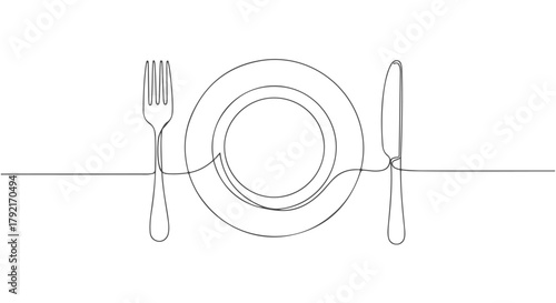 Elegant one line continuous drawing of a dinner plate, fork, and knife, symbolizing mealtime, dining, and restaurant concepts with minimalistic art