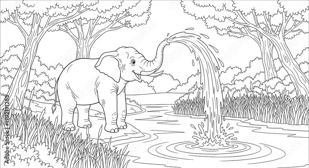Naklejka premium Majestic Elephant by the River Coloring Page for All Ages