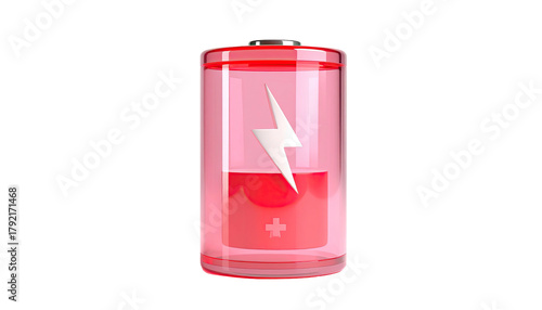 A transparent battery, red and glowing, showing a low charge