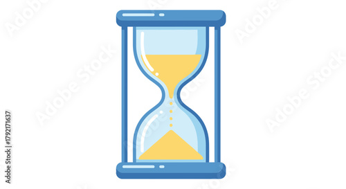 A blue hourglass with yellow sand flowing through it signifies the passage of time.