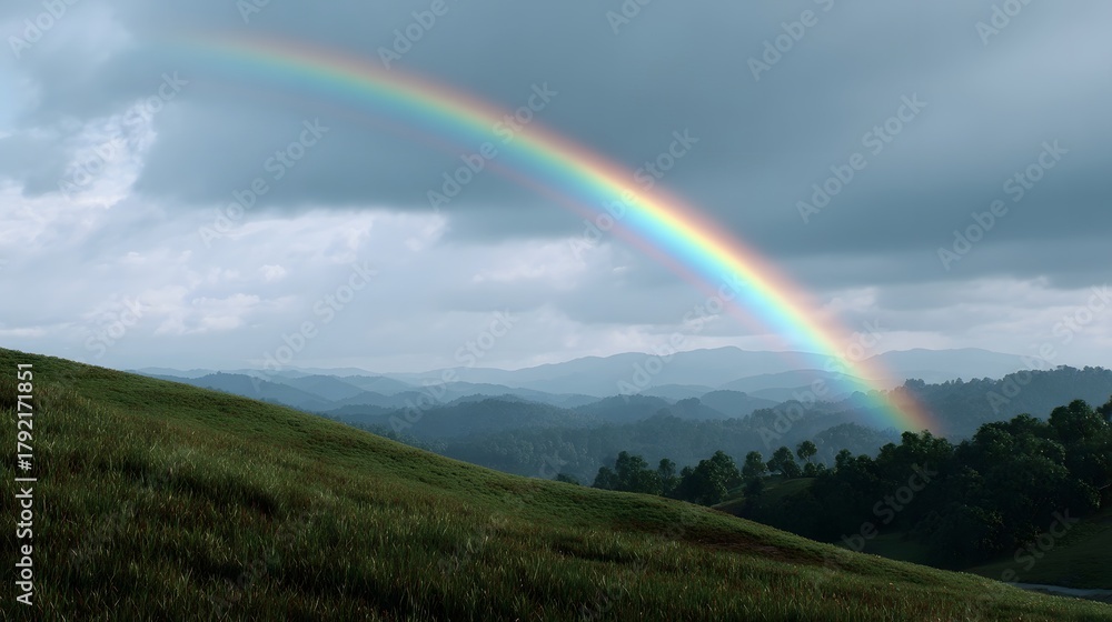 Naklejka premium A vibrant rainbow curves across a dramatic cloudy sky above rolling green hills and misty mountains