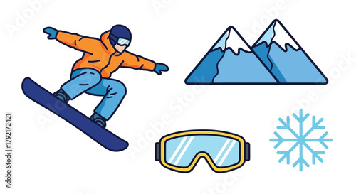 A snowboarder soars through the air near snowy mountains, goggles, and a snowflake.