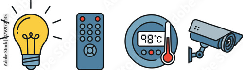 Icons for smart home technology, including a light bulb, remote, thermostat, and security camera.