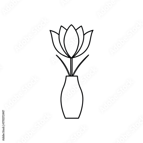 Lotus Flower in Ceramic Vase Line Art, Minimalist Botanical Still Life Vector Illustration