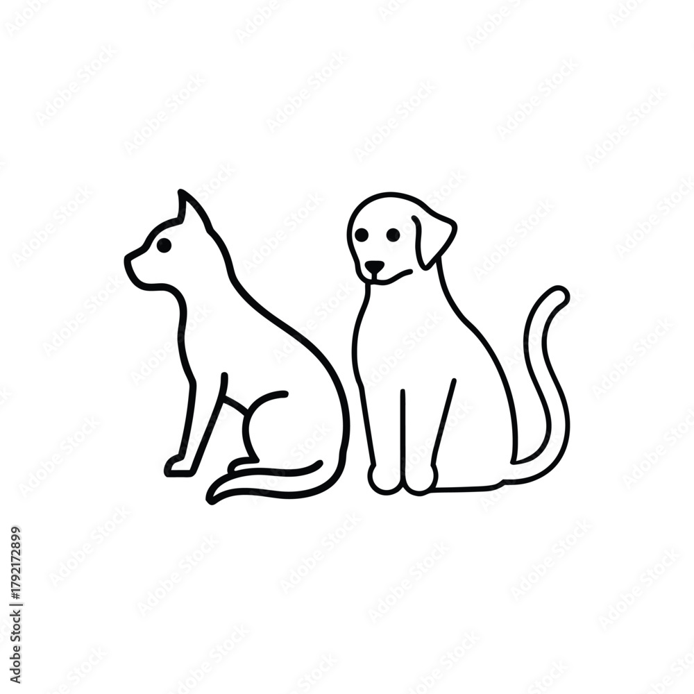Obraz premium Cat and Dog Sitting Together Line Art, Pet Animals Minimalist Vector Icon