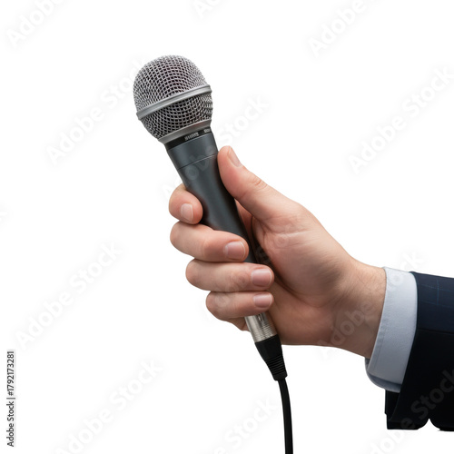 Hand in suit holding microphone isolated on transparent background