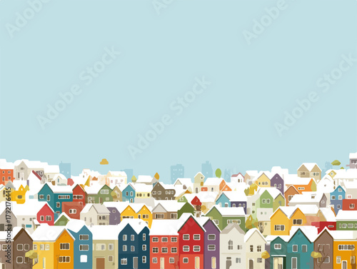 Ilustración vectorial de un pintoresco pueblo nevado con casas de colores vibrantes bajo un cielo invernal claro, ideal para diseños festivos.