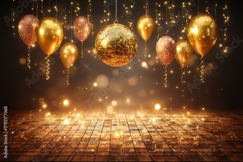 Opulent New Year's Eve poster featuring a stylish dance floor, gold balloons, and dynamic lighting effects, capturing the excitement of the night