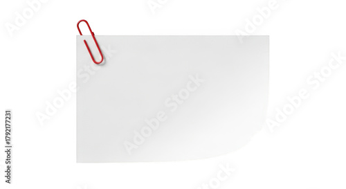 White paper note with red paperclip attached to the corner isolated on a transparent background image