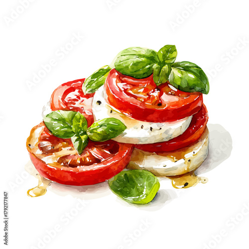 Caprese Salad watercolor vector, hand-painted style, high-quality illustration isolated on white background.