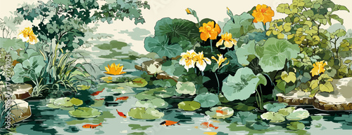 Estanque sereno con nenúfares, flores amarillas y peces koi nadando pacíficamente.