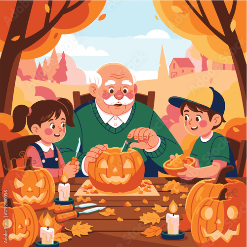 Grandfather carving a pumpkin with his granddaughter and grandson outdoors in autumn, surrounded by fall foliage and lit candles.