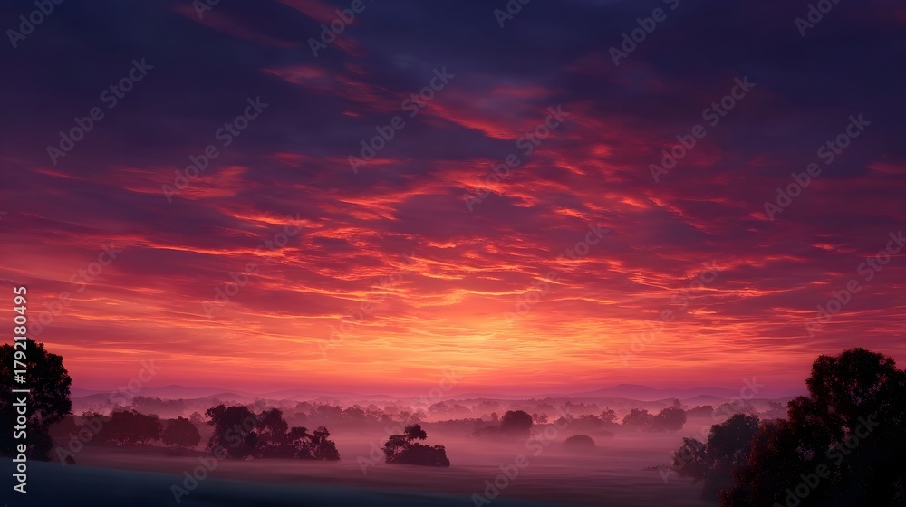 Naklejka premium Dramatic crimson and purple sky at sunrise casting a warm glow over a misty tranquil rural landscape with silhouetted trees