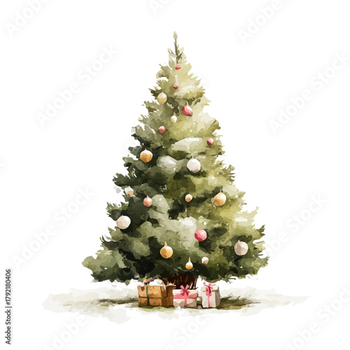 Stylized watercolor Decorating Tree vector, modern artistic illustration with high-quality details on a pure white background.