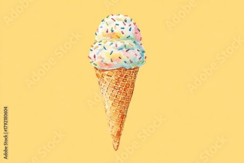 watercolor illustration of pastel ice cream cone with sprinkles, yellow background, cute summer card