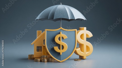 Icon of shield and umbrella over home and dollar symbols