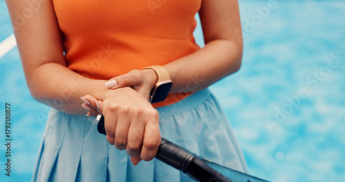 Obraz na plátně Woman, hands and wrist pain with padel for sport injury, muscle tension or accident for game